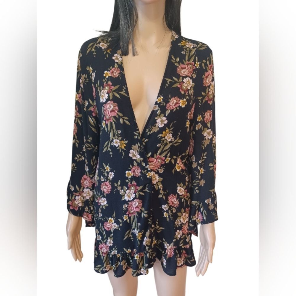 Altar'd State Black With Pink Flowers Open Cardigan